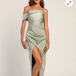 Lulu's Green Asymmetrical Ruched Gown